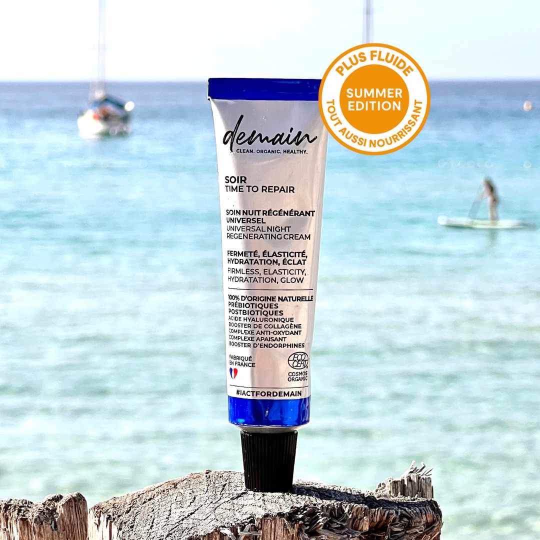 Time To Repair soin nuit Summer Edition. Une crème visage en bord de mer. Formule fluide et nourrissante.